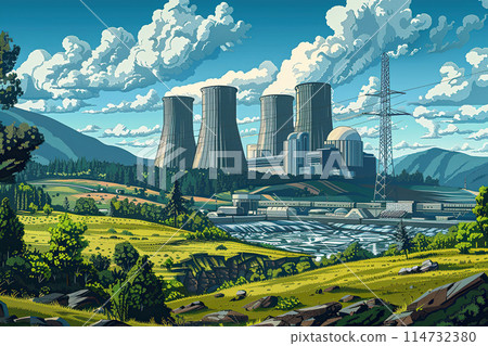 Generative ai on theme of nuclear power plant made of huge smokestacks polluting the environment 114732380