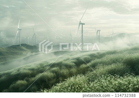 Generative ai on theme of wind power farm with rotation propellers, does not pollute environment 114732388