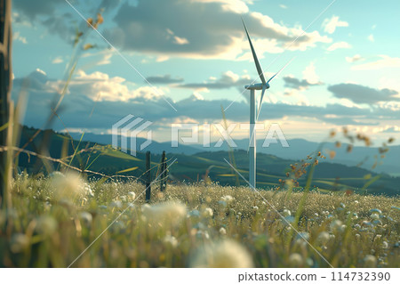 Generative ai on theme of wind power farm with rotation propellers, does not pollute environment 114732390