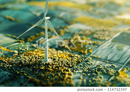 Generative ai on theme of wind power farm with rotation propellers, does not pollute environment 114732397