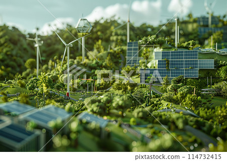 Generative ai on theme of solar cell panels and wind power farm, way alternative renewable power Generative ai on theme of solar cell panels and wind power farm, way alternative renewable power 114732415