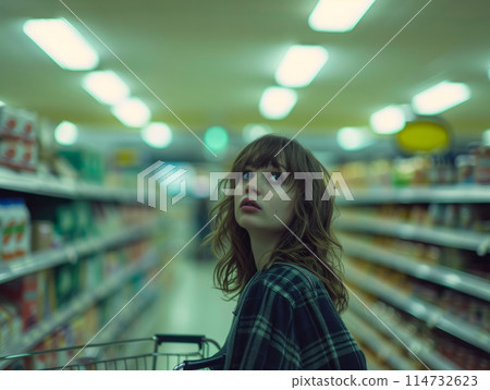 Beautiful young woman with a cart in a supermarket. 114732623