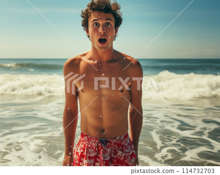 Surprised man in swimming trunks on the ocean shore Surprised man in swimming trunks on the ocean shore 114732703