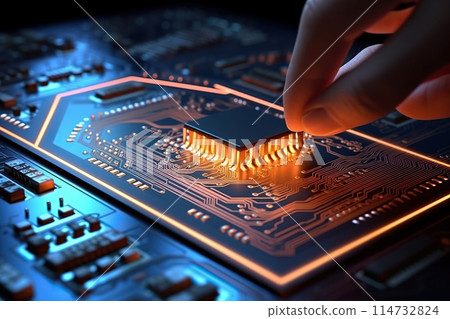 Generative ai on theme of human hand on surface microchip for design natural abstract background 114732824