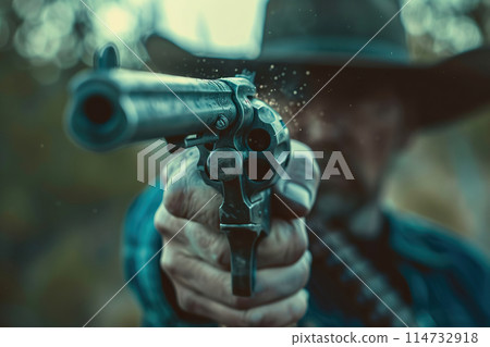 Generative ai on theme of a unshaven cowboy in leather hat with a pistol in a powerful male hand 114732918