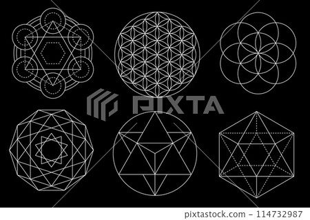 Sacred geometry vector design elements isolated on black background. Vector set Sacred geometry vector design elements isolated on black background. Vector set 114732987