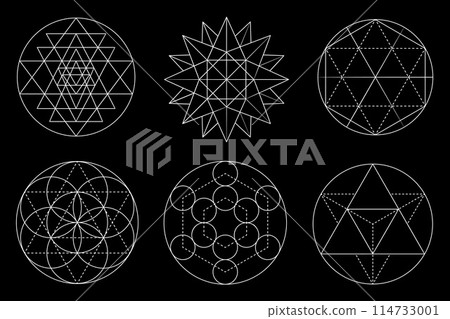Sacred geometry vector design elements isolated on black background. Vector set 114733001