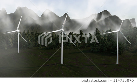 Three wind turbines are standing in a forest... - Stock Illustration ...