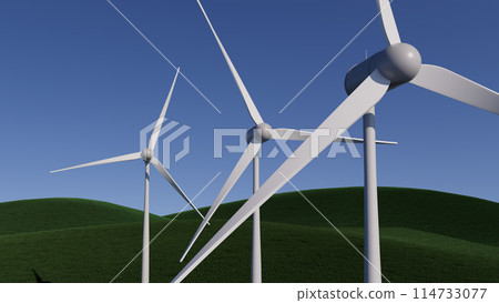 3d illustration Three wind turbines are standing on a hillside 3d illustration Three wind turbines are standing on a hillside 114733077