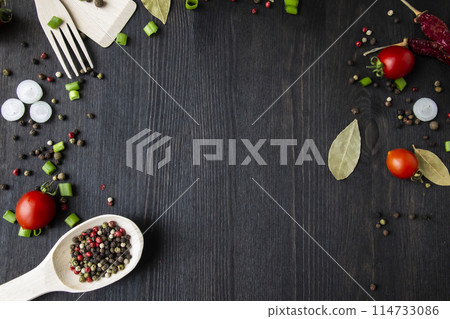 Cooking food background with free space for text. Composition with ingredients over the wood background. Ingredients for cooking with copy space. Top view with copy space 114733086