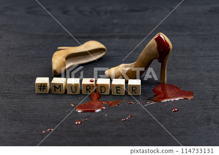 Conceptually photo with Beautiful fashion wood female shoes with drop of the blood on it. The wooden cubes with word MURDER on the dark background with blood stains. 114733131