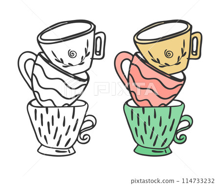 Cup pyramid composition set. Doodle icon hand drawn decorative stroke line, black sketch contour blob brush, outline, pastel coloured cartoon flat design. Vector illustration Cup pyramid composition set. Doodle icon hand drawn decorative stroke line, black sketch contour blob brush, outline, pastel coloured cartoon flat design. Vector illustration 114733232