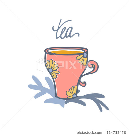 Cup, chamomile symbol Clipart Composition. Doodle icon hand drawn decorative stroke line, grey sketch contour, pastel coloured cartoon flat design. Text, isolated element. Vector Cup, chamomile symbol Clipart Composition. Doodle icon hand drawn decorative stroke line, grey sketch contour, pastel coloured cartoon flat design. Text, isolated element. Vector 114733458