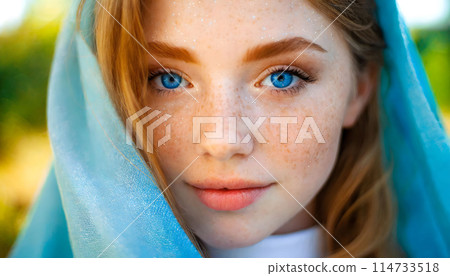 Close Up Portrait of a Person With Blue Eyes. Generative AI 114733518
