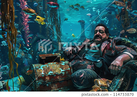 eccentric narcos boss in a scuba diving suit, lounging in an underwater palace made of coral and treasure chests, 114733870