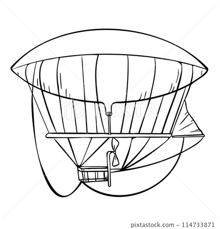 Dirigible early aviation black white contour vector illustration isolated. Airship ink outline hand drawn. Air transport childish design element for boy printed products. Retro aircraft coloring Dirigible early aviation black white contour vector illustration isolated. Airship ink outline hand drawn. Air transport childish design element for boy printed products. Retro aircraft coloring 114733871
