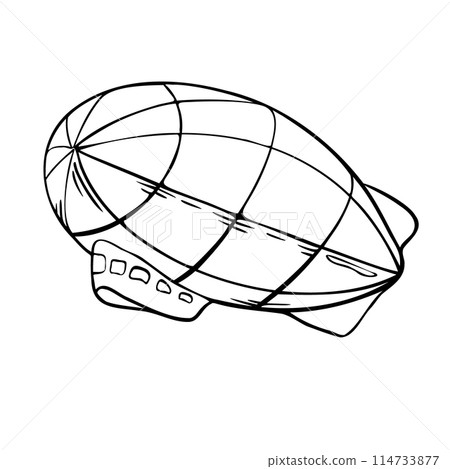 Black and white retro airship vector illustration isolated. Dirigible ink silhouette hand drawn. Zeppelin aircraft contour. Air transport coloring. Simple cartoonish drawing large balloon outline 114733877