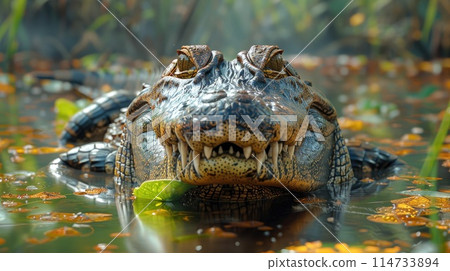 Head of crocodile with big teeth in wetland 114733894
