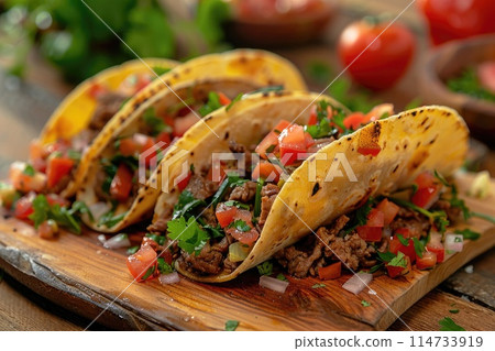Traditional mexican tacos with beef and vegetables on a wooden board Traditional mexican tacos with beef and vegetables on a wooden board 114733919