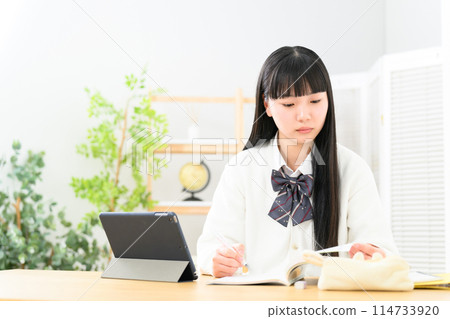 High school girl studying, worried High school girl studying, worried 114733920