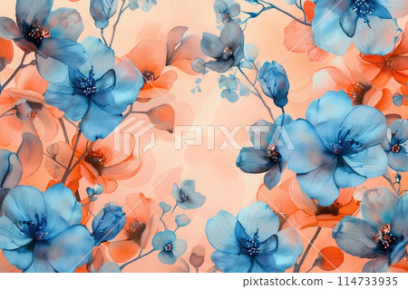 Watercolor turquoise floral pattern on peach background. Watercolor turquoise floral pattern on peach background. 114733935
