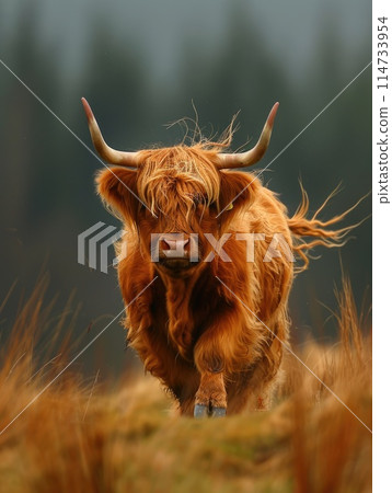 Highland cow portrait with windswept hair 114733954