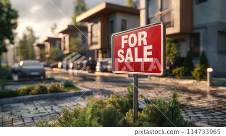 For sale sign real estate sign in front of a new house For sale sign real estate sign in front of a new house 114733965