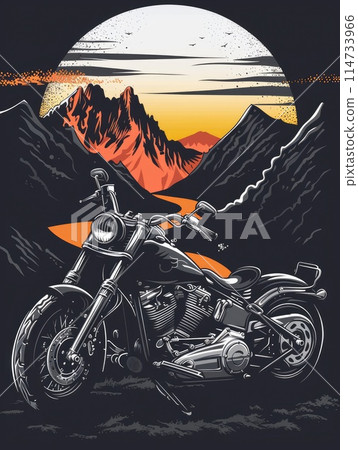 A classic motorcycle parked before a mountainside sunset, exuding a sense of adventure and freedom 114733966