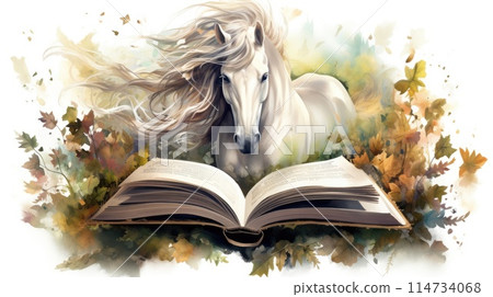 open book fairy tale about horse watercolor design 114734068