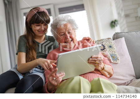 Grandmother with cute girl scrolling on tablet, girl teaching senior woman to work with technology, internet. Portrait of elderly woman spending time with granddaughter. 114734140