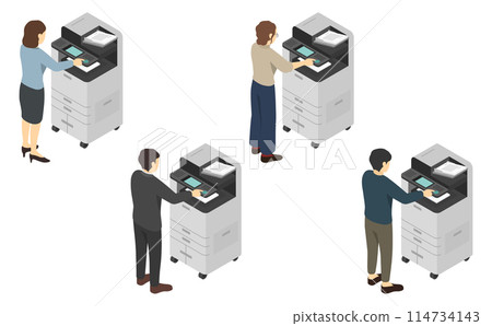 Isometric illustration: Person operating a copy machine Isometric illustration: Person operating a copy machine 114734143