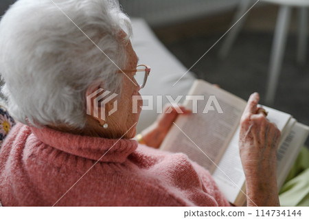 Beautiful elderly woman reading book at home, having relaxing moment, hygge for senior. Grandmother with reading glasses and captivating book. 114734144