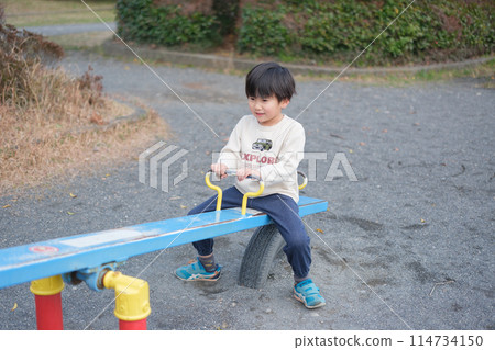 Boy playing with seesaw 114734150