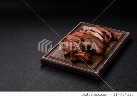 Delicious juicy grilled ribs with honey and mustard sauce 114734153