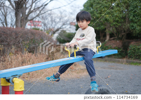 Boy playing with seesaw 114734169