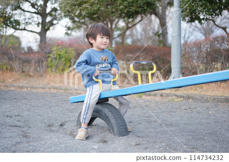 Boy playing with seesaw 114734232