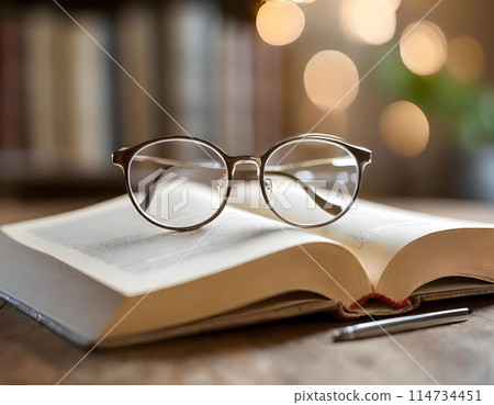 Book and reading glasses composition. Classic concept of writers, education, recreation. Book and reading glasses composition. Classic concept of writers, education, recreation. 114734451