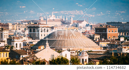 Rome, Italy. Sloping Roof Of Pantheon And Cityscape Of Town 114734682