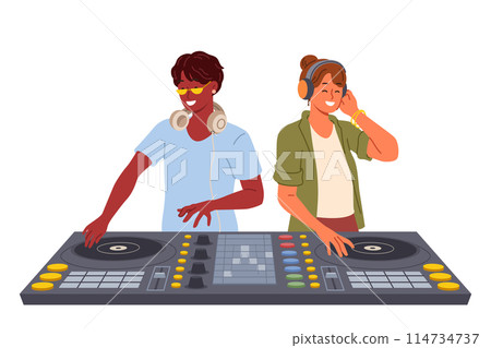 Two DJ use mixing console to entertain visitors to disco in nightclub and play original musical hits 114734737