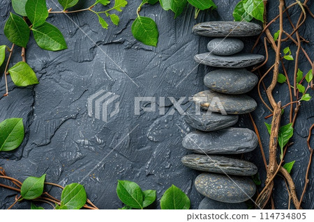 Wet stones with green leaves on dark background 114734805