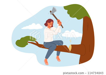 Foolish business woman cuts branch she is sitting, risks falling and failing due to mistake. Foolish business woman cuts branch she is sitting, risks falling and failing due to mistake. 114734843