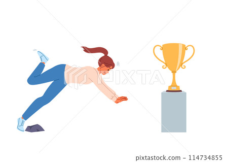 Woman falls on path to success and fails in desire to get golden cup symbolizing leadership Woman falls on path to success and fails in desire to get golden cup symbolizing leadership 114734855
