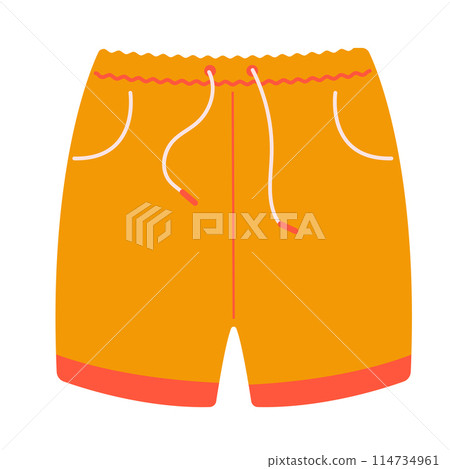 Orange swimwear for men vector illustration. Cartoon drawing of male swim shorts or underpants isolated on white background. Summer, fashion concept. Element for print, banner, card, brochure. Orange swimwear for men vector illustration. Cartoon drawing of male swim shorts or underpants isolated on white background. Summer, fashion concept. Element for print, banner, card, brochure. 114734961
