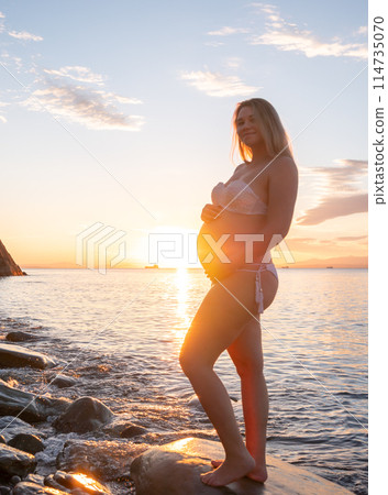 Pregnant woman in bikini posing on rocky beach at sunrise with mountain view 114735070