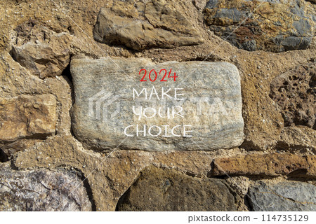 2024 Make your choice symbol. Concept words 2024 Make your choice on beautiful big grey stone. Beautiful stone wall background. Business 2024 Make your choice concept. Copy space 114735129