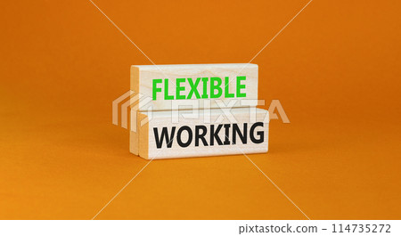 Flexible working symbol. Concept words Flexible working on beautiful wooden block. Beautiful orange paper background. Business flexible working concept. Copy space. Flexible working symbol. Concept words Flexible working on beautiful wooden block. Beautiful orange paper background. Business flexible working concept. Copy space. 114735272