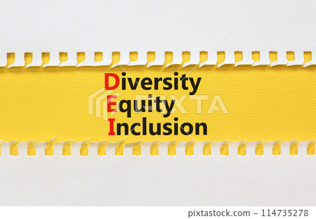 DEI diversity equity and inclusion symbol. Concept words DEI diversity equity inclusion on yellow paper. Beautiful white background. Business DEI diversity equity and inclusion concept. Copy space. DEI diversity equity and inclusion symbol. Concept words DEI diversity equity inclusion on yellow paper. Beautiful white background. Business DEI diversity equity and inclusion concept. Copy space. 114735278