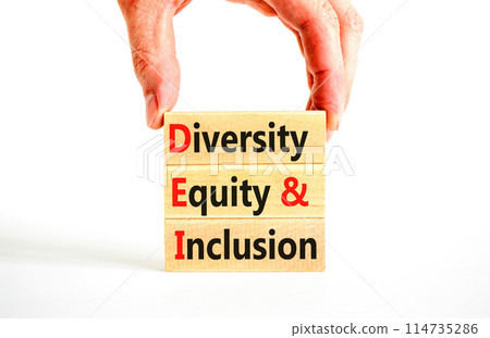 DEI diversity equity and inclusion symbol. Concept words DEI diversity equity and inclusion on blocks. Beautiful white background. Business DEI diversity equity and inclusion concept. Copy space. 114735286