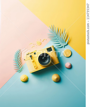 Creative concept of summer bright. Modern abstract art design with blue and yellow. Templates for celebration, banner, cover, label, poster, sales 114735347