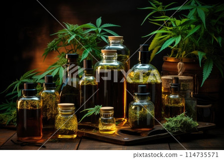 Medical CBD oil with cannabis leaves. The concept of medical tincture of marijuana. Generative AI 114735571
